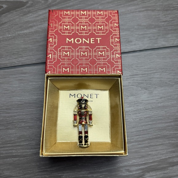 Monet Jewelry - Vintage Monet Nutcracker Brooch Pin NIB Red Enamel Gold Tone Rhinestone